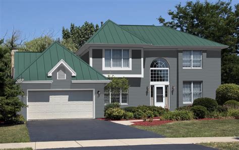 house colors for green metal roof|green roof with grey siding.